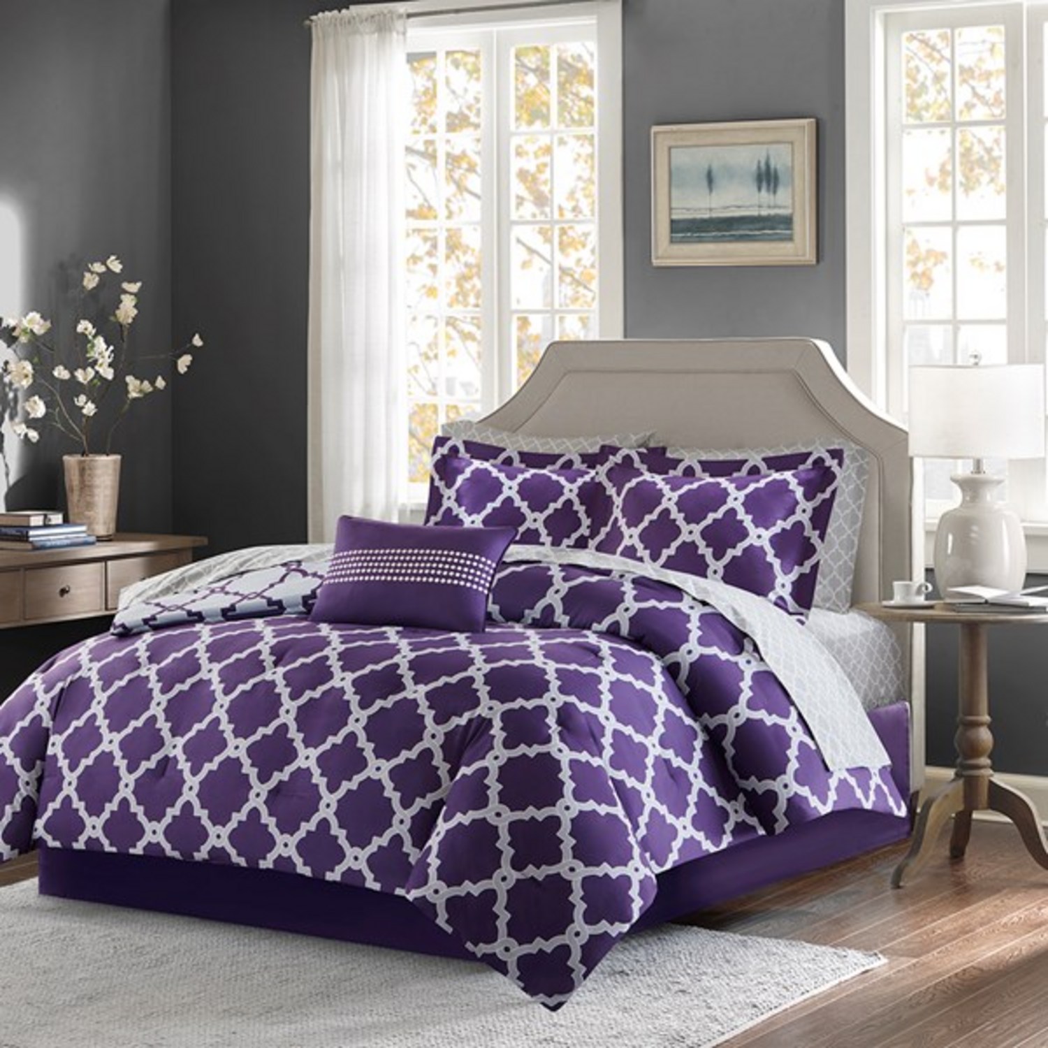 grey and purple bedding